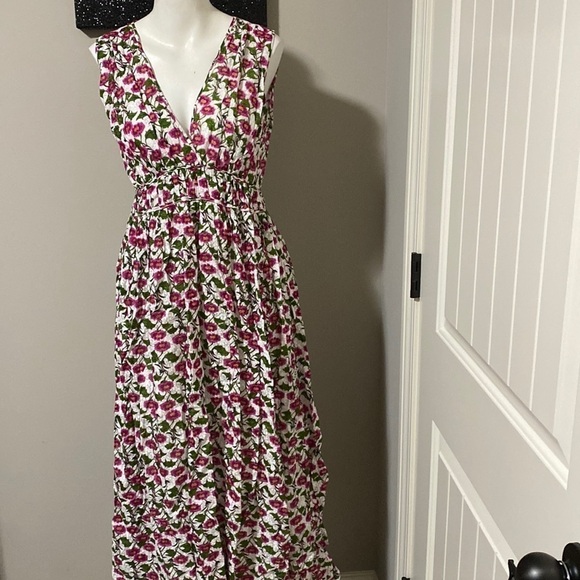 Roller Rabbit Dakini Lune Floral Maxi Dress Sleeveless Pleated White Green Sz L - Picture 1 of 14